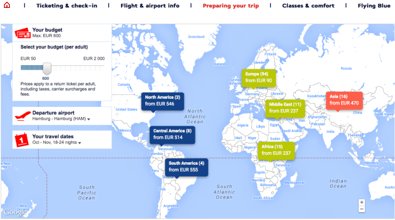 airfrance destination search on world map